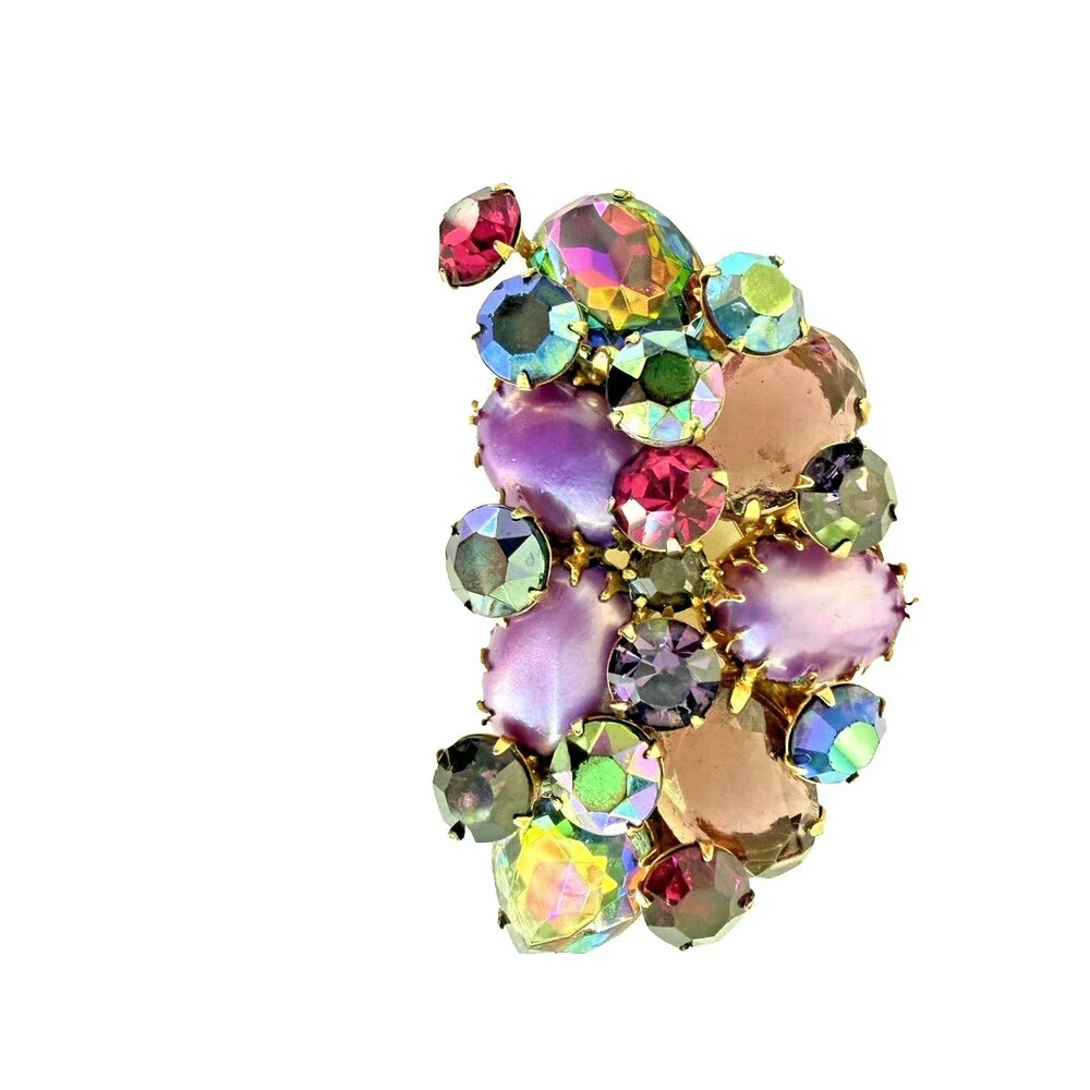 Vintage 1950s Lavender Satin Glass AB Rhinestone Cluster Brooch Pin Gold Tone